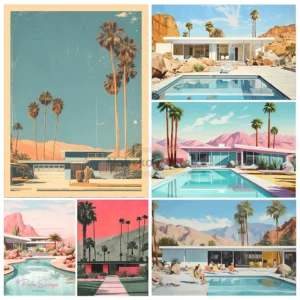 Retro Palm Springs Pool Villa Poster California Travel Desert Landscape Prints Canvas Painting Wall Art Pictures Home Room Decor