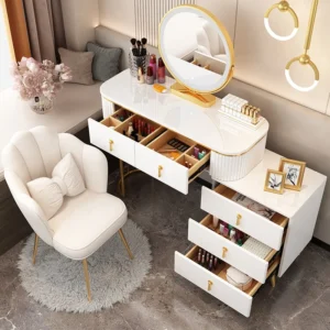 Minimalist Grey Dressing Table Round Mirror Storage Makeup Dressing Table Comfy Chair Pentiadeira De Maquiagem Home Furniture - Image 5