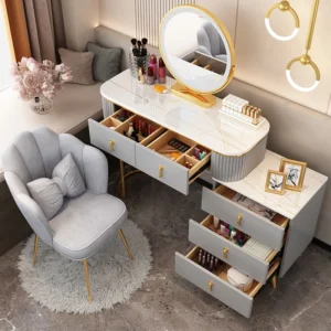 Minimalist Grey Dressing Table Round Mirror Storage Makeup Dressing Table Comfy Chair Pentiadeira De Maquiagem Home Furniture - Image 4