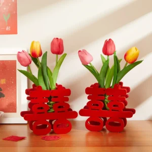 Creative Vase Ornaments Chinese Wedding Supplies Decor 3D Red Xi/Flower Shape Felt Handicrafts Retro Vase Home Party Room Layout - Image 2