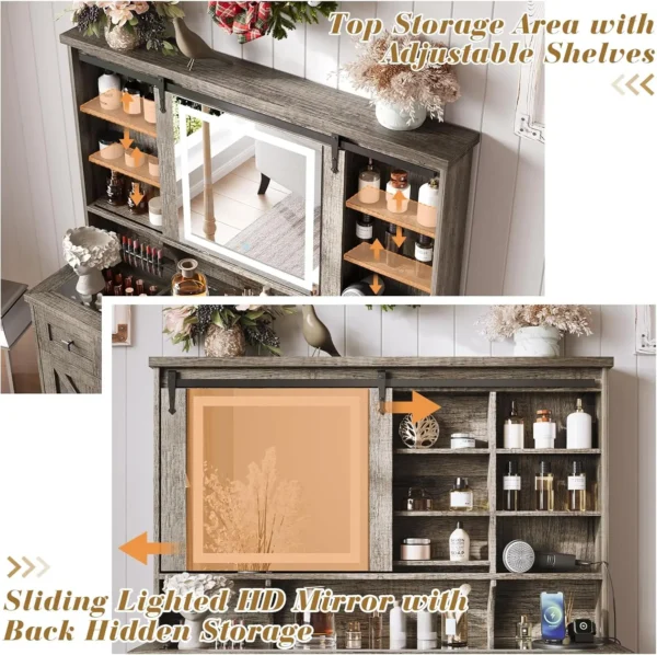 Farmhouse Makeup Vanity Desk with Sliding Mirror and Lights, 47'' Glass Tabletop Vanity Table with Charging Station - Image 5