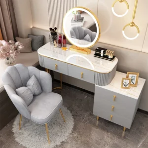 Minimalist Grey Dressing Table Round Mirror Storage Makeup Dressing Table Comfy Chair Pentiadeira De Maquiagem Home Furniture