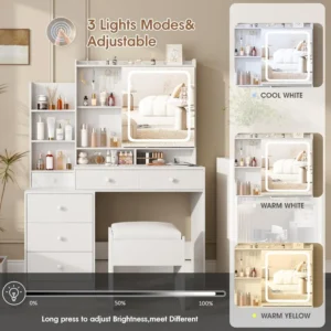 White Vanity Desk Set with Led Mirror,Makeup Vanity Table with Power Strip,Dressing Table with Stool&Lots Drawers,Vanity Mirror - Image 3