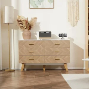 6 Drawer Wood Dresser, Mid Century Modern Double Dresser, Wide Chest of Drawers, Wooden Storage Cabinet for Bedroom, Entryway - Image 2