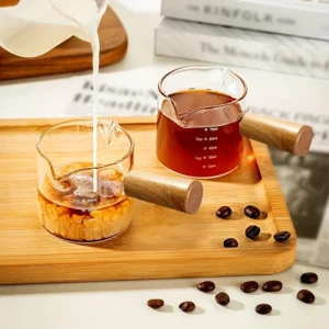 3.5 Oz Clear Glass Espresso Cup With Wooden Handle - Double Spout Measuring & Shot Glass, Perfect For Parties