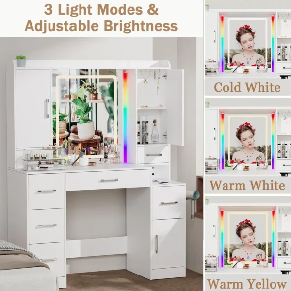 Vanity Desk with Mirror and Lights 43.3'' Large Makeup Vanity with Ambient Light & Power Outlet Dressing Table with 7 Drawers - Image 4