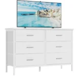 6-Drawer White Dresser TV Stand Fabric Closet Wood Top Leather Front Modern Bedroom Storage Stand 50" TV Easy Assemble White