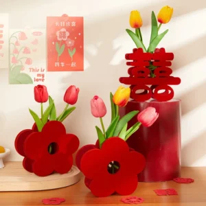 Creative Vase Ornaments Chinese Wedding Supplies Decor 3D Red Xi/Flower Shape Felt Handicrafts Retro Vase Home Party Room Layout - Image 3