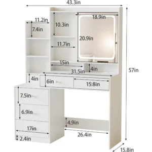 White Vanity Desk Set with Led Mirror,Makeup Vanity Table with Power Strip,Dressing Table with Stool&Lots Drawers,Vanity Mirror - Image 6