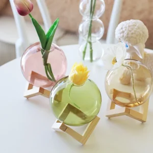 Colorful Ball Hydroponic Glass Vase With Wooden Stand Small Ball Transparent Fish Tank Mount Glass Vases Landscape Elegant Decor