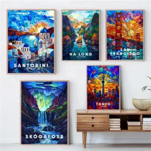 Stained Glass Travel Wall Art Canvas Painting London Rome Santorini New York Posters and Prints Picture Home Room Decor Cuadros - Image 2