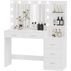 Dressing Table with Illuminated Mirror, Large Dressing Table with Storage Shelves and 5 Drawers, Bedroom Dresser - Image 5