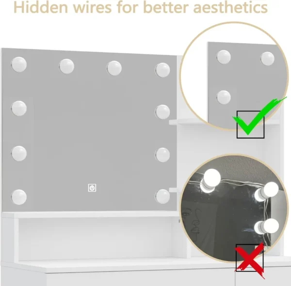 Vanity Desk with LED Lighted Mirror, Makeup Vanity Table Set with 6 Drawers, 3 Color Lighting Modes Brightness Adjustable Hidden - Image 4
