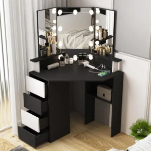 Corner Desk with Lighted Mirror & Power Strip,White Makeup Table, 42 inch Corner Vanity Mirror with Lights and 4 Drawer - Image 4