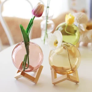 Colorful Ball Hydroponic Glass Vase With Wooden Stand Small Ball Transparent Fish Tank Mount Glass Vases Landscape Elegant Decor - Image 3