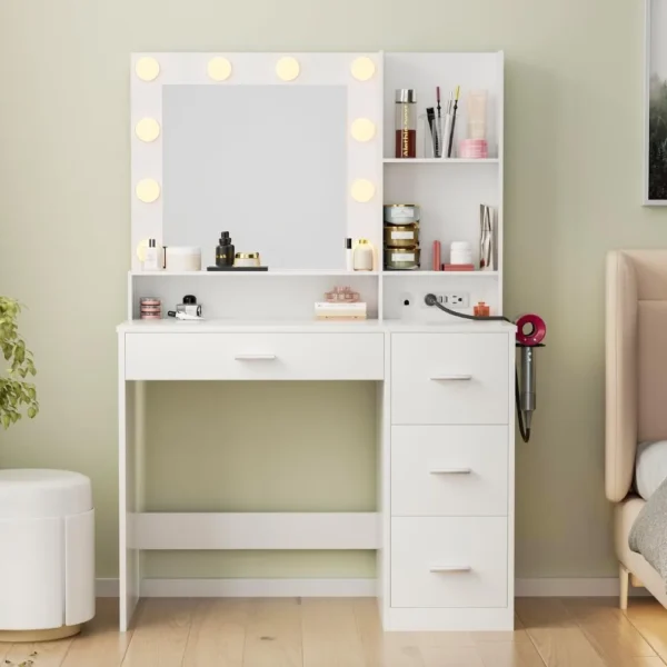 JUMMICO 39.3'' Vanity Desk with LED Lighted Mirror &Power Outlet, Makeup Vanity Table with 4 Large Drawers and 3 Storage Shelves