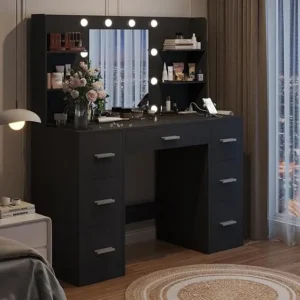 Vanity Desk with Mirror Power Outlet and 10 Lights Makeup Table with 7 Drawers 3 Color Modes Available for Bedroom Black - Image 2