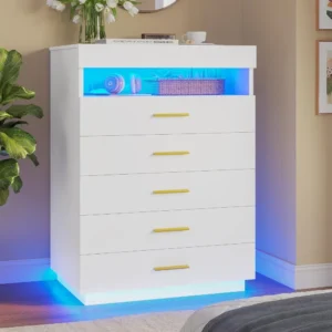 White Dressing Table with LED Lights, 5 Drawers with Pull-Out Tray and Open Space, Modern High Dressing Table