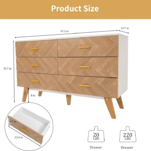 6 Drawer Wood Dresser, Mid Century Modern Double Dresser, Wide Chest of Drawers, Wooden Storage Cabinet for Bedroom, Entryway - Image 3
