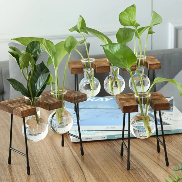 Creative Wooden Frame Hydroponic Plant Container Glass Bulb Vase Home Tabletop Decor Vases Beaker Glass Planter Bonsai - Image 2