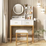 Vanity Desk with Round Mirror and Lights, White Vanity Makeup Table, Small Vanity Table for Bedroom with Lots Storage