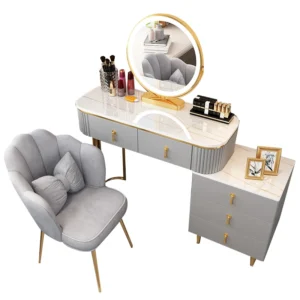Minimalist Grey Dressing Table Round Mirror Storage Makeup Dressing Table Comfy Chair Pentiadeira De Maquiagem Home Furniture - Image 6