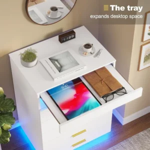 White Dressing Table with LED Lights, 5 Drawers with Pull-Out Tray and Open Space, Modern High Dressing Table - Image 4