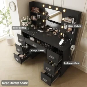 Vanity Desk with Mirror Power Outlet and 10 Lights Makeup Table with 7 Drawers 3 Color Modes Available for Bedroom Black - Image 3