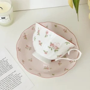 French Pink Rabbit Print Vintage Coffee Cup and Saucer Set Ceramic Cup Cute Girls' Afternoon Tea Dim & Saucer