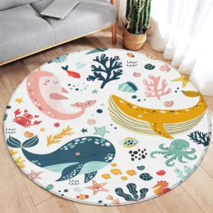 Cartoon Animals Round Carpet Cute Dinosaur Tropical Plants Whale Dolphin Fish Kids Bedroom Rug Home Living Room Decor Floor Mats - Image 5