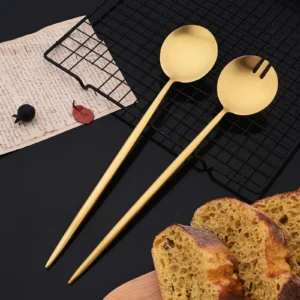 2Pcs Salad Service Set Gold Cutlery Set Spoons Forks Long Handle Large Fork Stainless Steel Dinning Server Set Utensils - Image 2