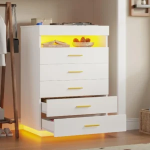 White Dressing Table with LED Lights, 5 Drawers with Pull-Out Tray and Open Space, Modern High Dressing Table - Image 5