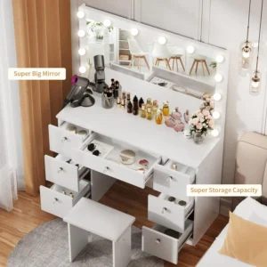 Vanity with Lighted Mirror - Makeup Vanity Desk with Mirror, Power Outlet and Drawers, Dressing Table With Color Lighting Modes - Image 3