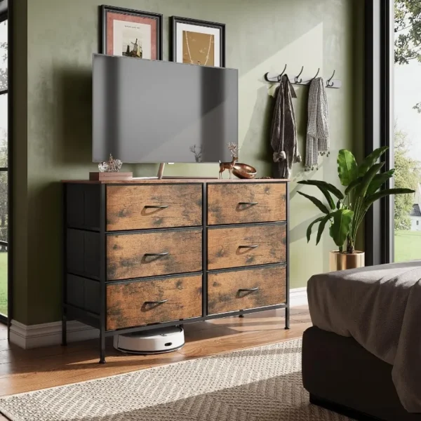 Wide Dresser with 6 Drawers, TV Stand for 50" TV, Entertainment Center with Metal Frame, Wooden Top, Fabric Storage Dresser for - Image 5