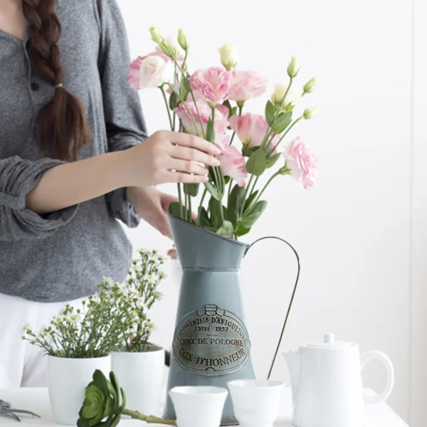 Vintage Style Metal Flower Vase Galvanized Finish Rustic Flower Jug Vase for Indoor and Outdoor Decor - Image 2