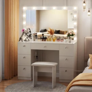 Vanity with Lighted Mirror - Makeup Vanity Desk with Mirror, Power Outlet and Drawers, Dressing Table With Color Lighting Modes - Image 4