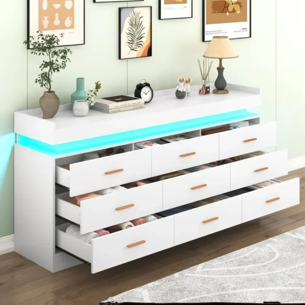 9 Drawer Dresser with LED Light, Modern Chest of Drawers for Closet, Wide Drawer Organizer Cabinet for Bedroom, White - Image 2
