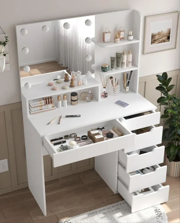 Vanity Desk with LED Lighted Mirror, Makeup Vanity Table Set with 6 Drawers, 3 Color Lighting Modes Brightness Adjustable Hidden