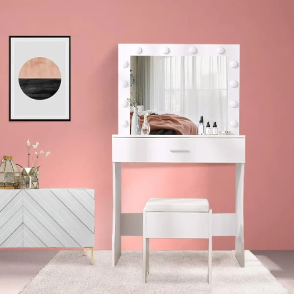 Vanity Table Set with Lighted Mirror - Makeup Vanity with Lights, Adjustable Brightness, Large Drawer Sturdy Wood Vanity - Image 2