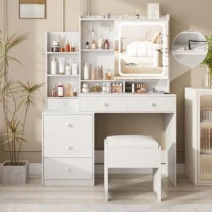 White Vanity Desk Set with Led Mirror,Makeup Vanity Table with Power Strip,Dressing Table with Stool&Lots Drawers,Vanity Mirror