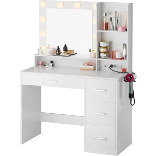 JUMMICO 39.3'' Vanity Desk with LED Lighted Mirror &Power Outlet, Makeup Vanity Table with 4 Large Drawers and 3 Storage Shelves - Image 3