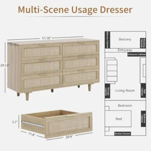 Rattan Dresser for Bedroom Furniture 6 Drawer Wood Dresser for Bedroom Boho Dresser Chest of Drawers with Gold Handles - Image 2