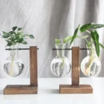 Terrarium Hydroponic Plant Vases Vintage Flower Pot Transparent Vase Wooden Frame Glass Tabletop Plants Home Bonsai Decor Crafts