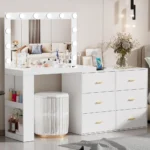 Vanity Desk with Mirror and 3-Color Lights, Corner Vanity Dressing Table with Charging Station,6 Drawers, Vanity Desk