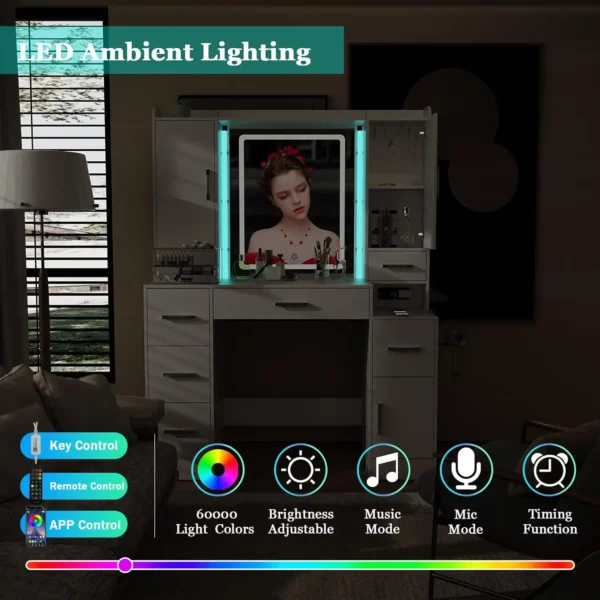 Vanity Desk with Mirror and Lights 43.3'' Large Makeup Vanity with Ambient Light & Power Outlet Dressing Table with 7 Drawers - Image 3
