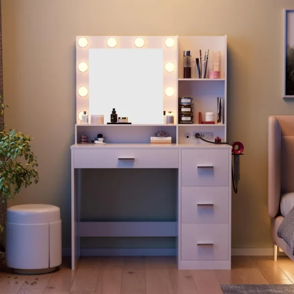 JUMMICO 39.3'' Vanity Desk with LED Lighted Mirror &Power Outlet, Makeup Vanity Table with 4 Large Drawers and 3 Storage Shelves - Image 2