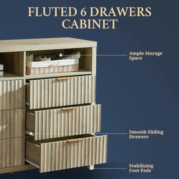 6 drawer bedroom dresser, large modern wooden chest of drawers with 2 shelves, drawer TV stand, wooden drawer organizer - Image 2