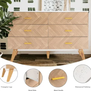 6 Drawer Wood Dresser, Mid Century Modern Double Dresser, Wide Chest of Drawers, Wooden Storage Cabinet for Bedroom, Entryway - Image 5
