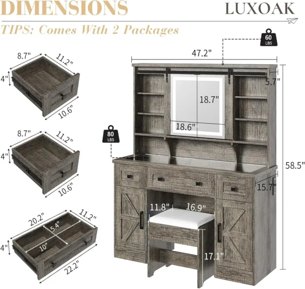 Farmhouse Makeup Vanity Desk with Sliding Mirror and Lights, 47'' Glass Tabletop Vanity Table with Charging Station - Image 2
