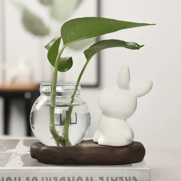Transparent Glass Aquatic Vase Ceramics Rabbit Hydroponic Plant Vases with Wooden Base Flower Bottle Tabletop Decoration - Image 5
